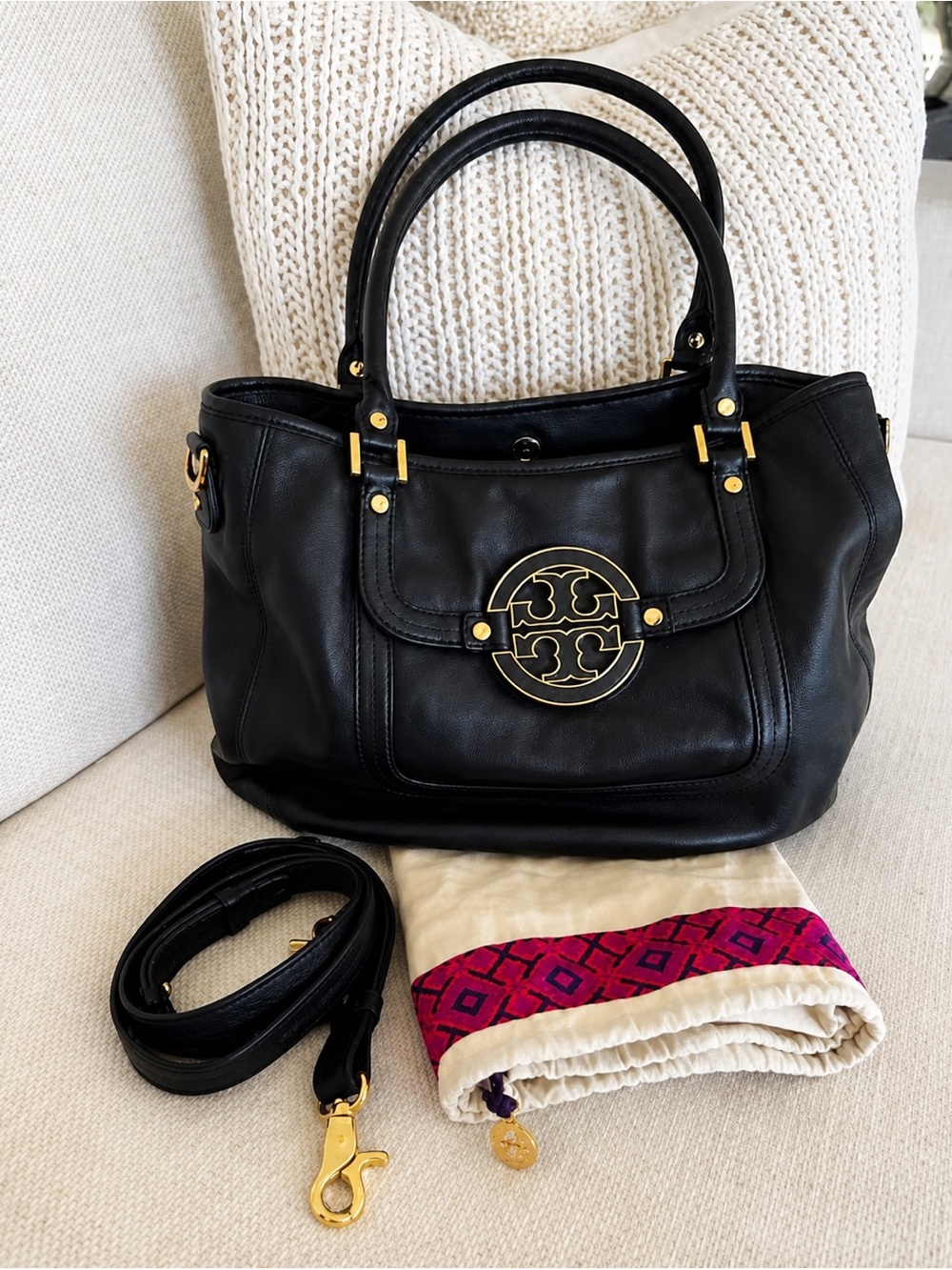 Tory Burch Black Leather Tote with Gold Logo Medallion